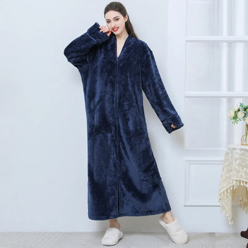 Peignoir_de_bain_femme_grande_taille-coton-flanelle-polyester-manche-longue-epais-moelleux-doux-confortable-longueur-cheville-absorbant-hiver-printemps-automne-bleu-marine