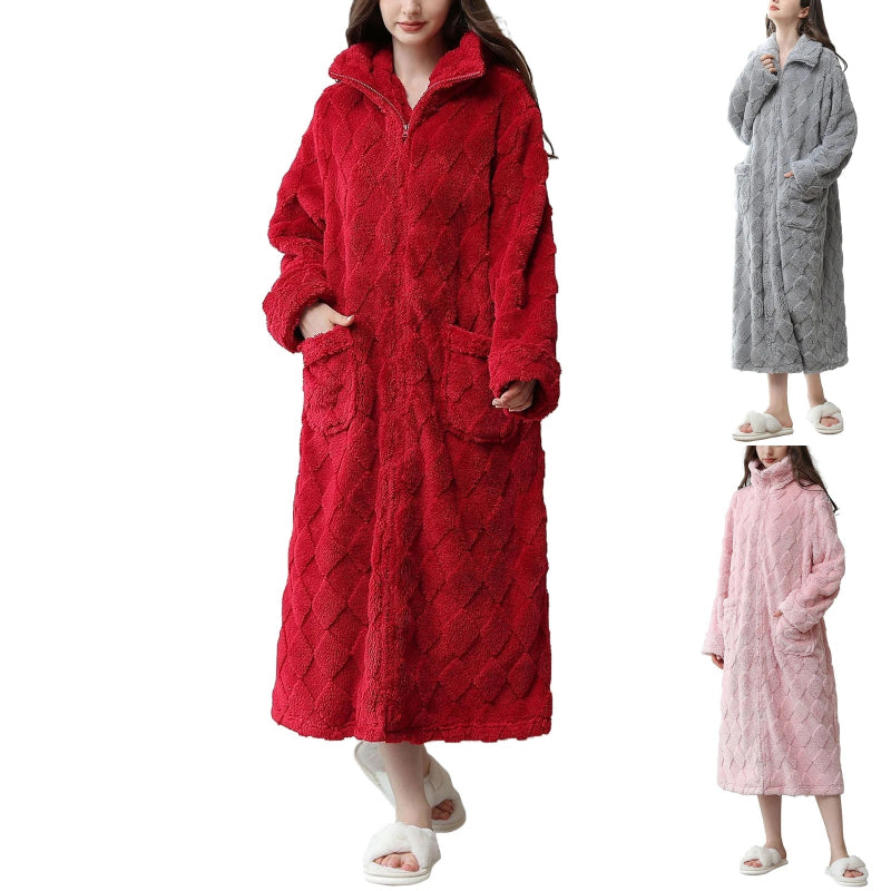 Peignoir de bain femme luxe-laine-polyester-manche-longue-epais-mi-mollet-col-chale-absorbant-moelleux-confortable-hiver-printemps-automne-bordeux-gris-rose