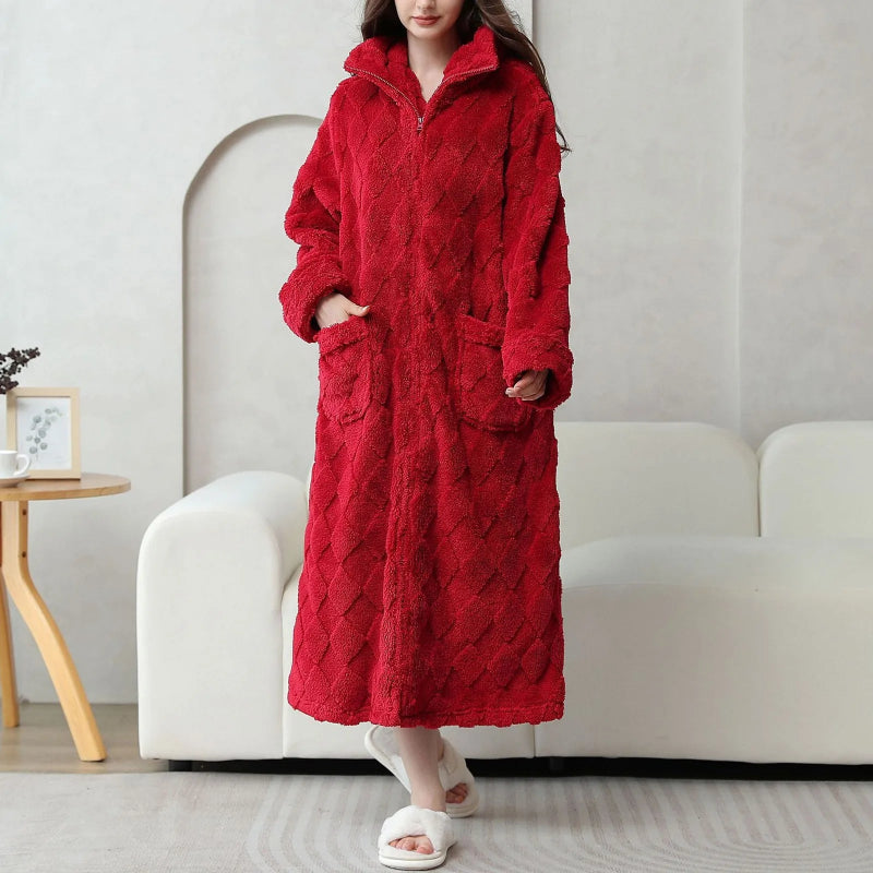 Peignoir de bain femme luxe-laine-polyester-manche-longue-epais-mi-mollet-col-chale-absorbant-moelleux-confortable-hiver-printemps-automne-bordeux