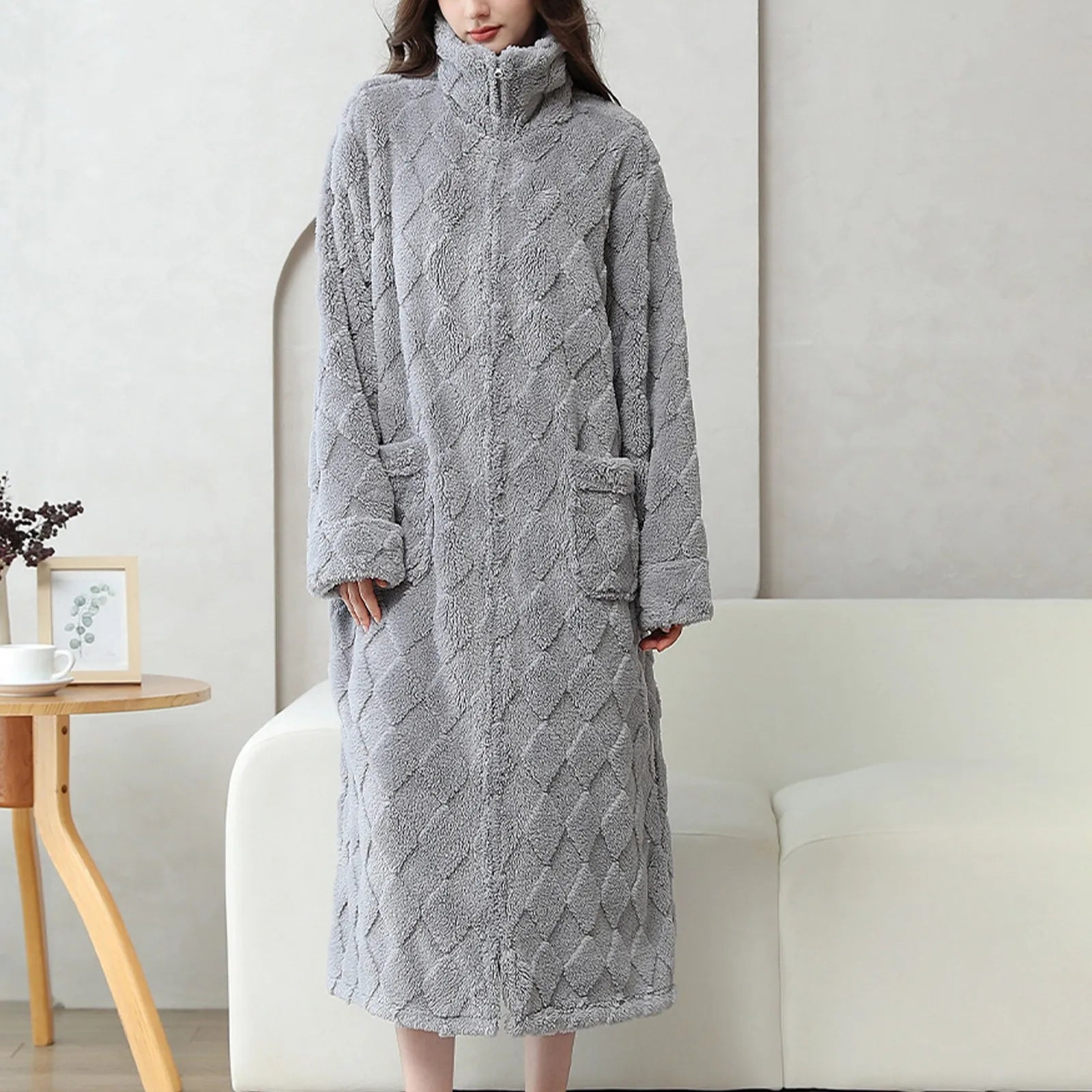 Peignoir de bain femme luxe-laine-polyester-manche-longue-epais-mi-mollet-col-chale-absorbant-moelleux-confortable-hiver-printemps-automne-gris