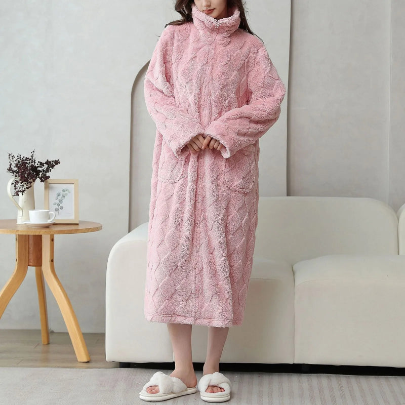 Peignoir de bain femme luxe-laine-polyester-manche-longue-epais-mi-mollet-col-chale-absorbant-moelleux-confortable-hiver-printemps-automne-rose