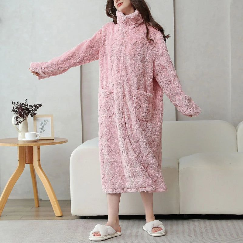 Peignoir de bain femme luxe-laine-polyester-manche-longue-epais-mi-mollet-col-chale-absorbant-moelleux-confortable-printemps-automne-hiver-rose
