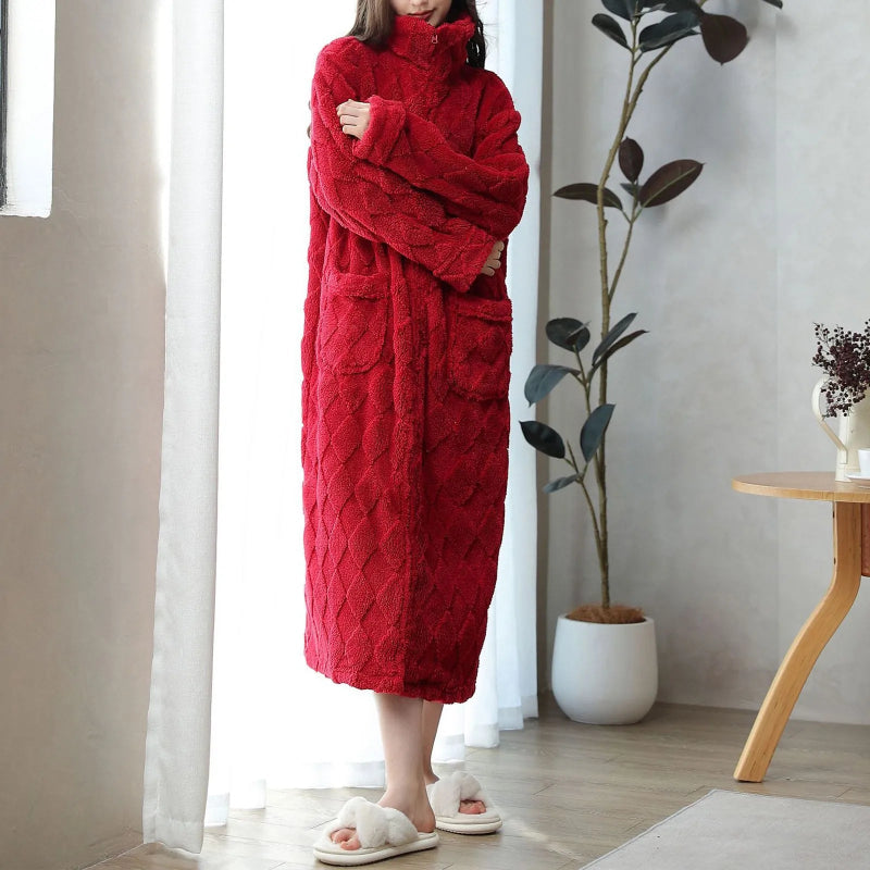 Peignoir de bain femme luxe-laine-polyester-manche-longue-epais-mi-mollet-col-chale-absorbant-moelleux-confortable-printemps-hiver-automne-bordeaux