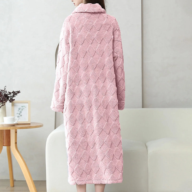 Peignoir de bain femme luxe-laine-polyester-manche-longue-epais-mi-mollet-col-chale-absorbant-moelleux-confortable-printemps-hiver-automne-rose