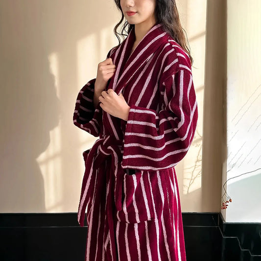 Peignoir de bain femme luxe coton-doux-moelleux-confortable-col-chale-manche-longue-epais-longueur-cheville-absorbant-rayure-raye-bordeaux-rose