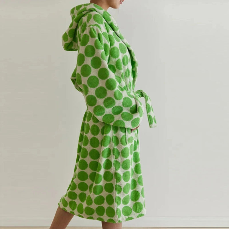 Peignoir de bain femme luxe coton-doux-moelleux-confortable-col-chale-manche-longue-epais-longueur-cheville-absorbant-rayure-raye-vert-blanc