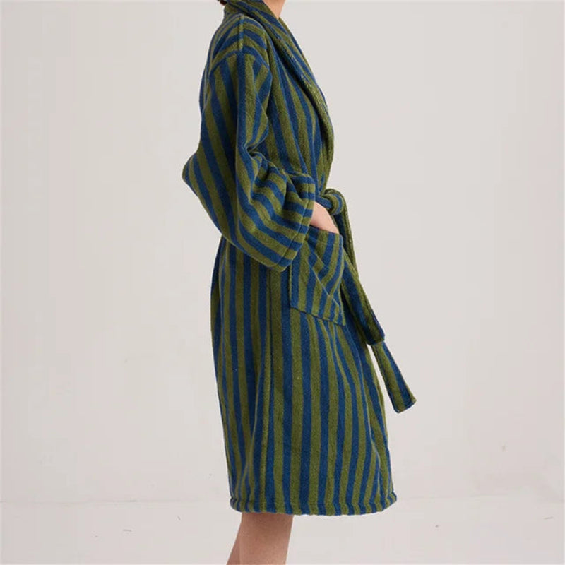 Peignoir de bain femme luxe coton-doux-moelleux-confortable-col-chale-manche-longue-epais-longueur-cheville-absorbant-rayure-raye-vert-bleu