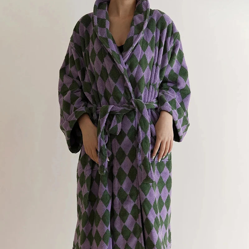 Peignoir de bain femme luxe coton-doux-moelleux-confortable-col-chale-manche-longue-epais-longueur-cheville-absorbant-rayure-raye-vert-violet