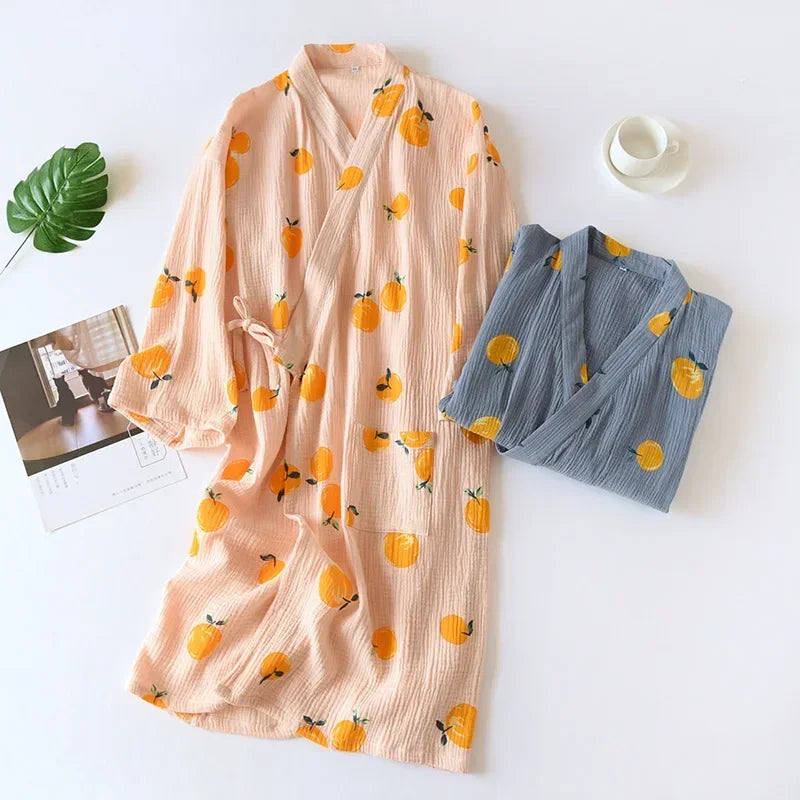 Peignoir de bain femme luxe pas cher-coton-motif-floral-manche-trois-quarts-mi-mollet-style-kimono-col-chale-epaisseur-normale-moelleux-absorbant-printemps-automne-hiver-ete-beige-jaune-gris