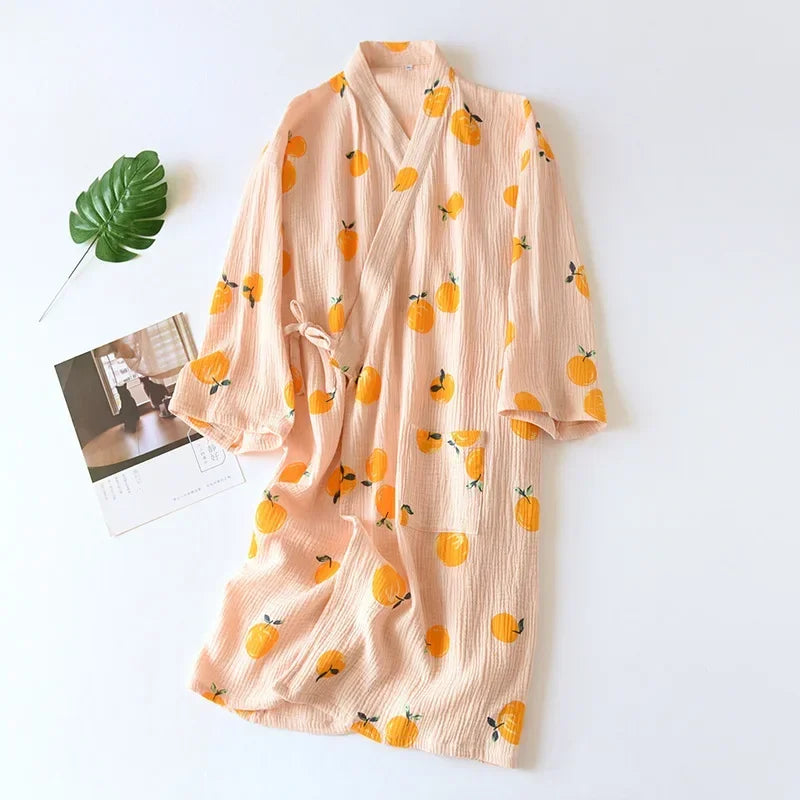 Peignoir de bain femme luxe pas cher-coton-motif-floral-manche-trois-quarts-mi-mollet-style-kimono-col-chale-epaisseur-normale-moelleux-absorbant-printemps-automne-hiver-ete-beige-jaune