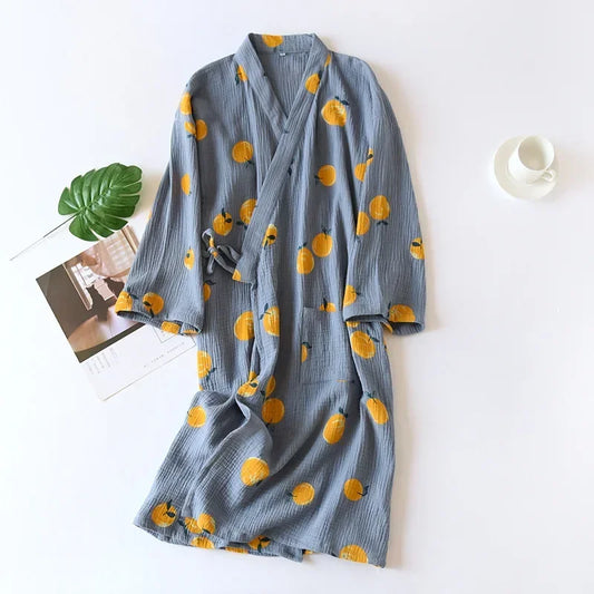 Peignoir de bain femme luxe pas cher-coton-motif-floral-manche-trois-quarts-mi-mollet-style-kimono-col-chale-epaisseur-normale-moelleux-absorbant-printemps-automne-hiver-ete-gris-jaune