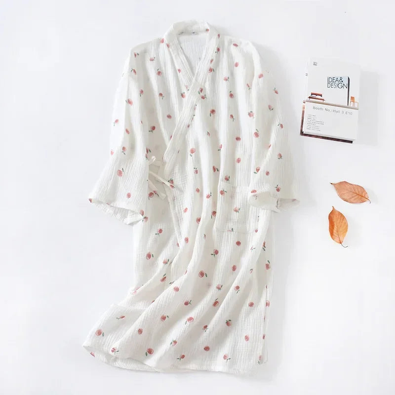 Peignoir de bain femme luxe pas cher-coton-motif-floral-manche-trois-quarts-mi-mollet-style-kimono-col-chale-epaisseur-normale-moelleux-absorbant-printemps-ete-automne-hiver-blanc-rouge