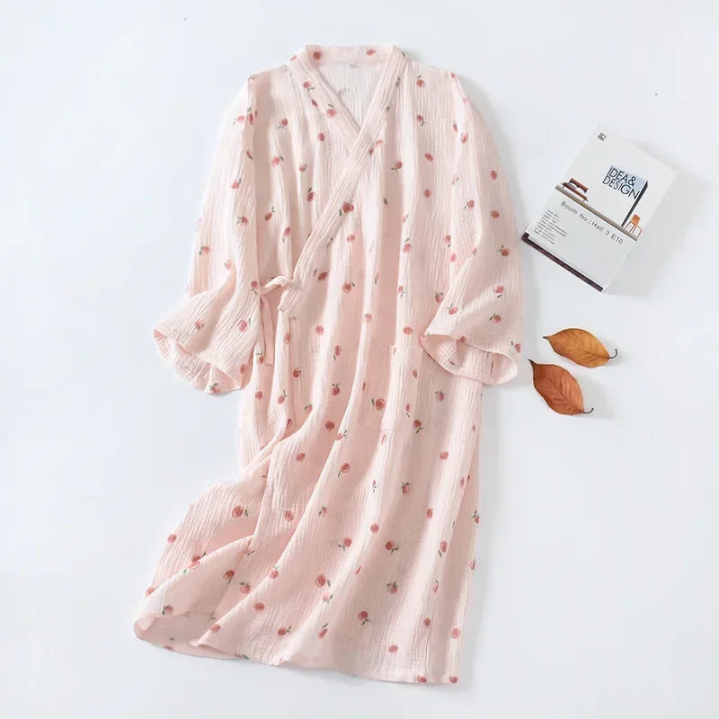 Peignoir_de_bain_femme_luxe_pas_cher-coton-motif-floral-manche-trois-quarts-mi-mollet-style-kimono-col-chale-epaisseur-normale-moelleux-absorbant-printemps-ete-automne-hiver-rose-rouge