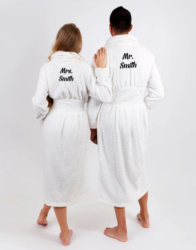 Peignoir de bain femme moderne-flanelle-col-chale-manche-longue-epais-manche-longue-moelleux-confortable-hiver-personnalisable-blanc