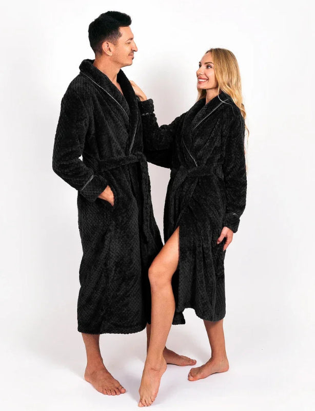 Peignoir de bain femme moderne-flanelle-col-chale-manche-longue-epais-manche-longue-moelleux-confortable-hiver-personnalisable-noir