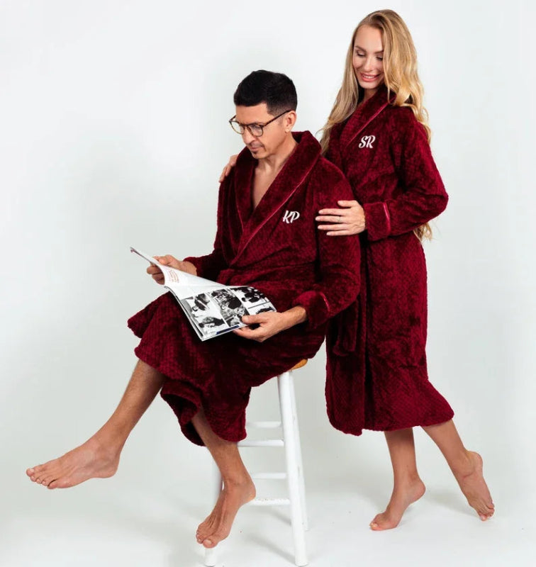 Peignoir de bain femme moderne-flanelle-col-chale-manche-longue-epais-manche-longue-moelleux-hiver-confortable-bordeaux