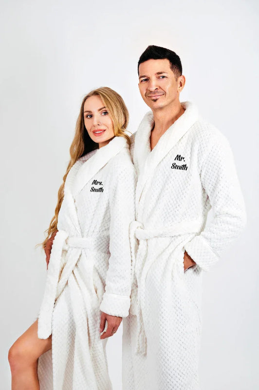Peignoir de bain femme moderne-flanelle-col-chale-manche-longue-epais-manche-longue-moelleux-hiver-confortable-personnalisable-blanc