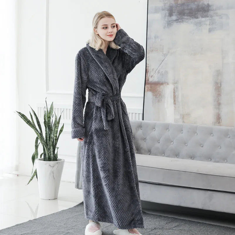 Peignoir de bain femme moderne-flanelle-col-chale-manche-longue-epais-manche-mi-mollet-hiver-moelleux-confortable-personnalisable-gris
