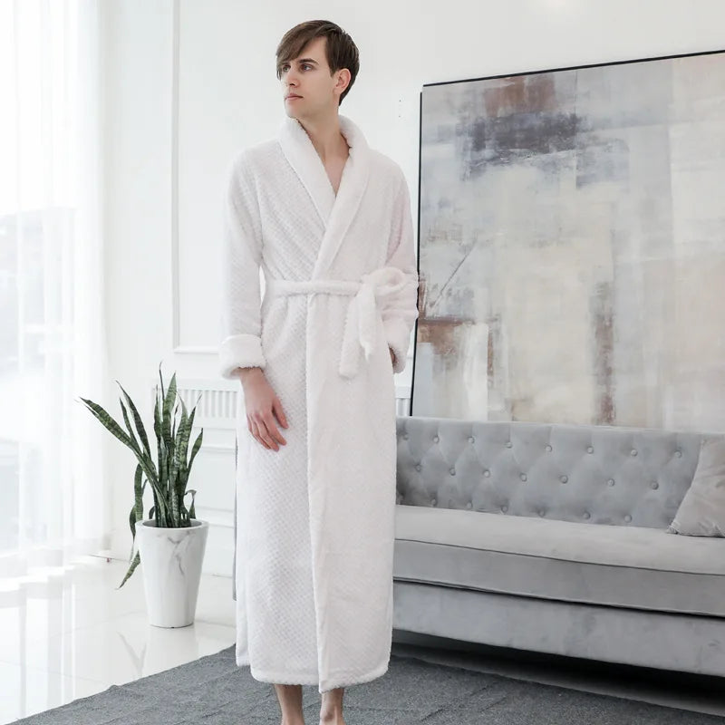 Peignoir de bain femme moderne-flanelle-col-chale-manche-longue-epais-manche-mi-mollet-moelleux-confortable-hiver-personnalisable-blanc