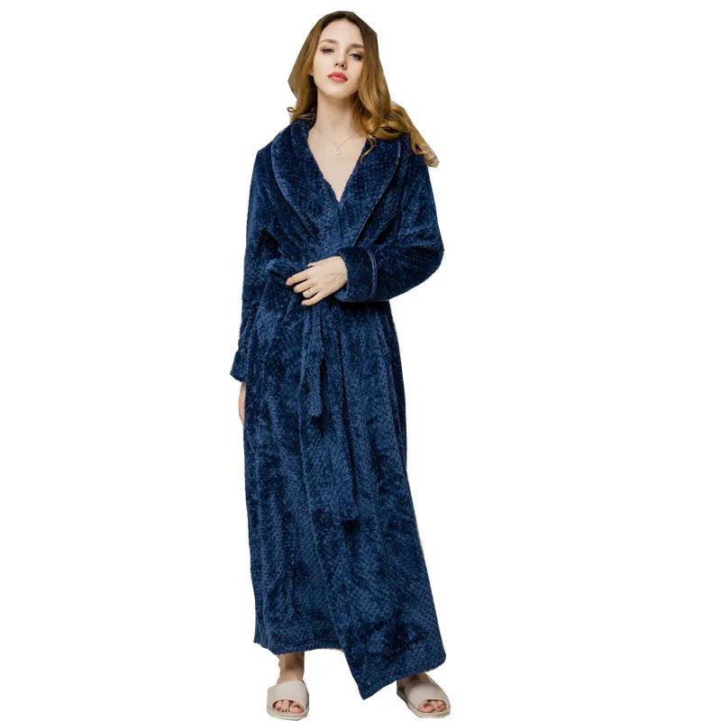 Peignoir de bain femme moderne-flanelle-col-chale-manche-longue-epais-manche-mi-mollet-moelleux-confortable-hiver-personnalisable-bleu-fonce