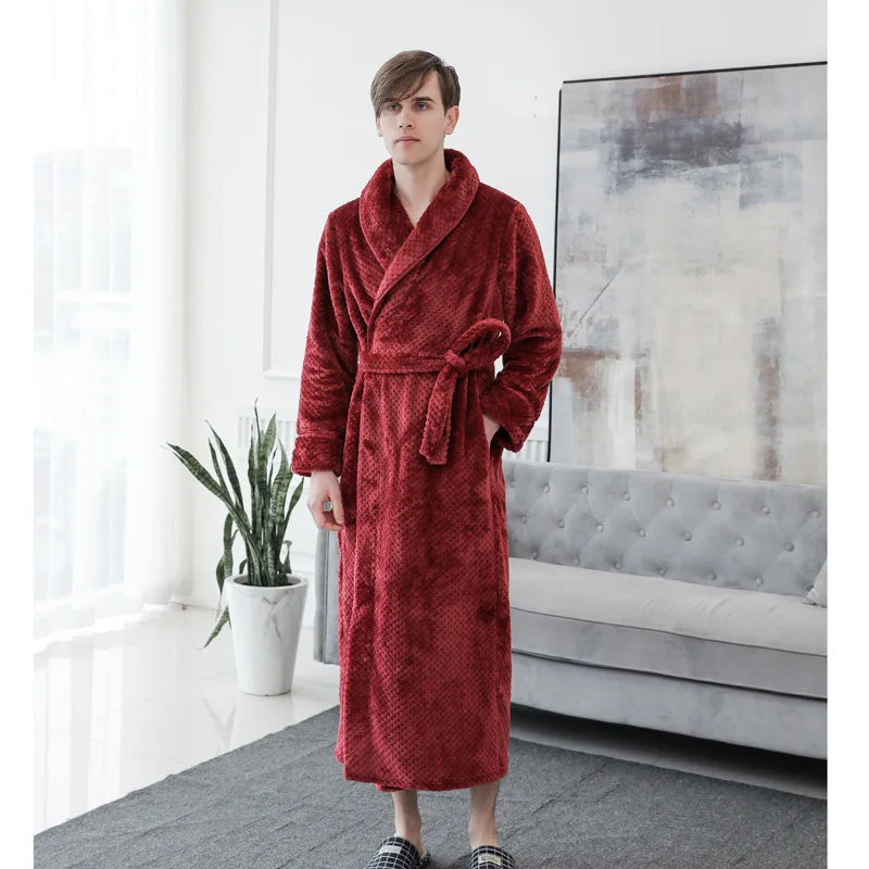 Peignoir de bain femme moderne-flanelle-col-chale-manche-longue-epais-manche-mi-mollet-moelleux-confortable-hiver-personnalisable-bordeaux