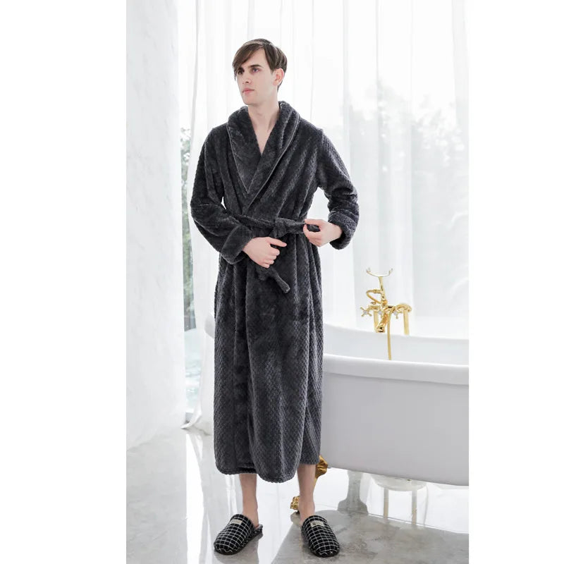 Peignoir de bain femme moderne-flanelle-col-chale-manche-longue-epais-manche-mi-mollet-moelleux-confortable-hiver-personnalisable-gris