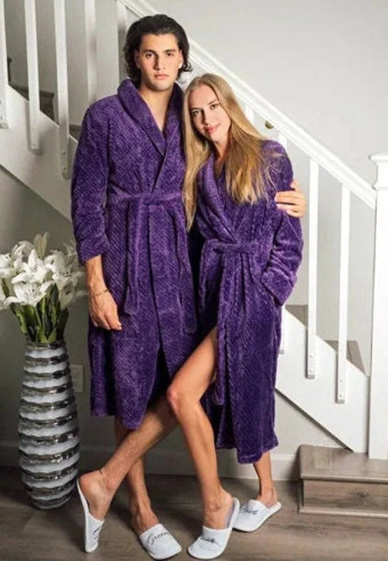 Peignoir de bain femme moderne-flanelle-col-chale-manche-longue-epais-manche-mi-mollet-moelleux-confortable-hiver-personnalisable-violet