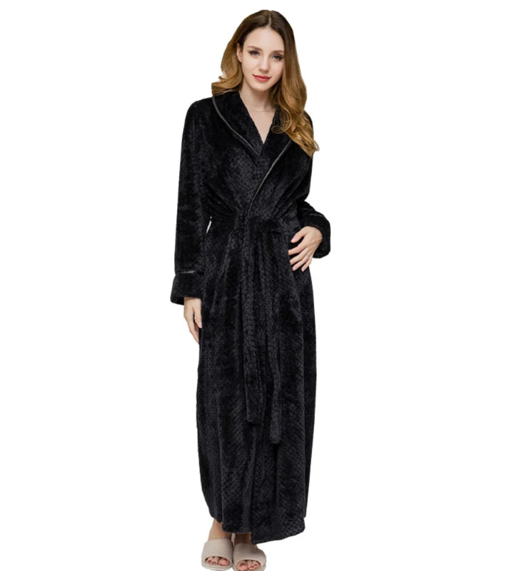 Peignoir de bain femme moderne-flanelle-col-chale-manche-longue-epais-manche-mi-mollet-moelleux-confortable-personnalisable-hiver-noir