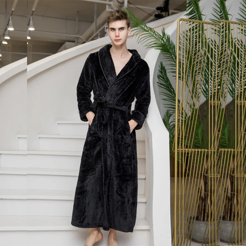 Peignoir de bain femme moderne-flanelle-col-chale-manche-longue-epais-manche-mi-mollet-moelleux-hiver-confortable-personnalisable-noir