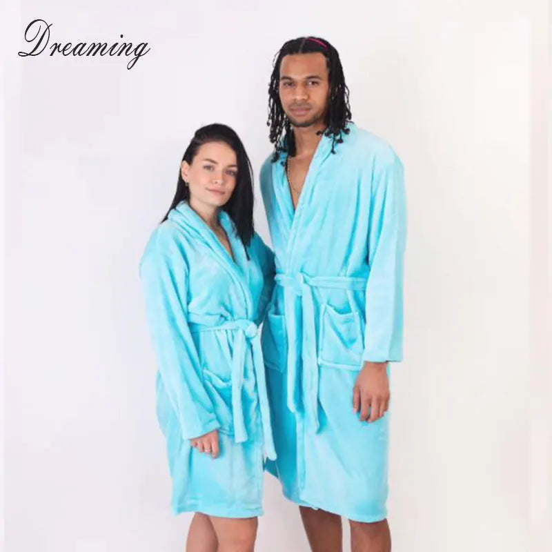 Peignoir de bain femme moelleux-flanelle-polyester-corail-manche-longue-mi-genou-ete-printemps-moelleux-confortable-bleu