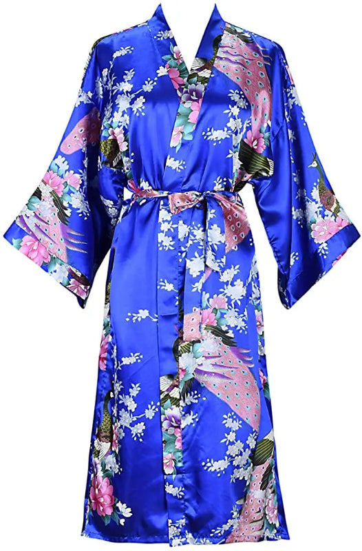 Peignoir de bain femme multicolore-fausse-motif-floral-kimono-soie-manche-trois-quarts-mi-mollet-ete-satin-printemps-rose-bleu-blanc