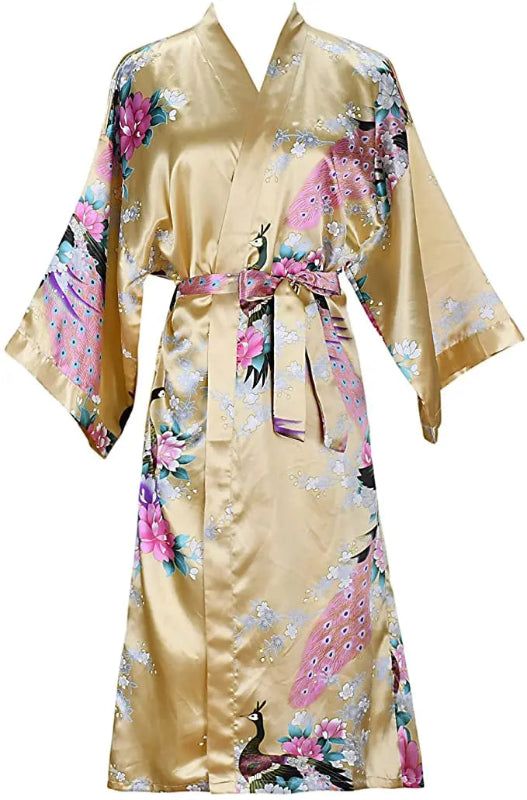 Peignoir de bain femme multicolore-fausse-motif-floral-soie-kimono-manche-trois-quarts-mi-mollet-ete-satin-printemps-rose-blanc-or