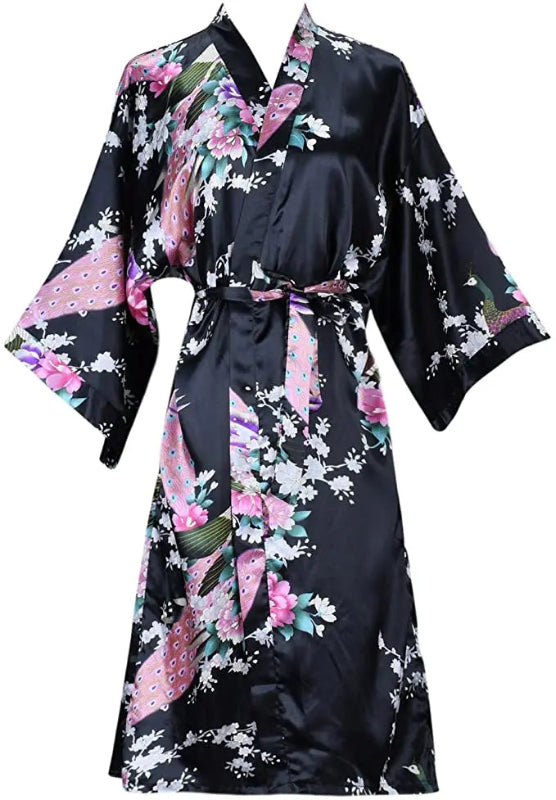 Peignoir de bain femme multicolore-fausse-soie-motif-floral-kimono-manche-trois-quarts-mi-mollet-ete-satin-printemps-blanc-noir