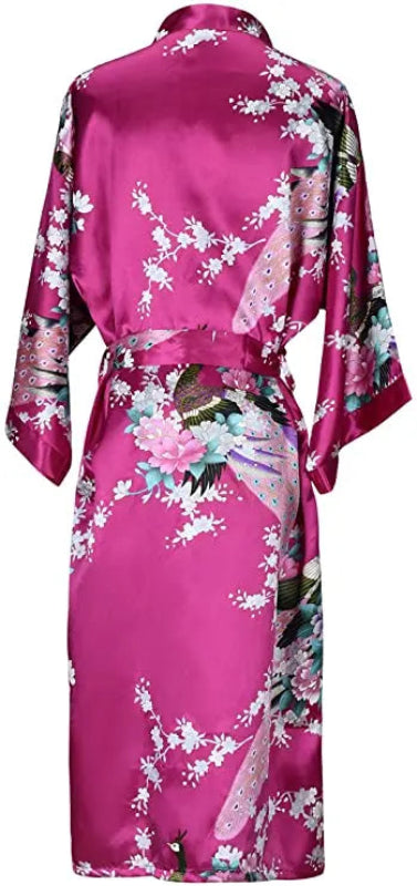 Peignoir de bain femme multicolore-fausse-soie-motif-floral-kimono-manche-trois-quarts-mi-mollet-ete-satin-printemps-blanc-rose