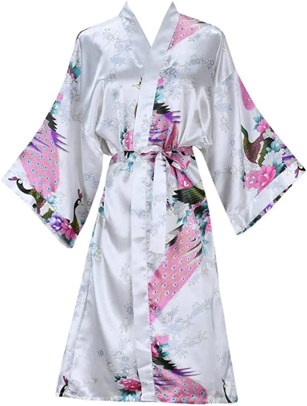 Peignoir de bain femme multicolore-fausse-soie-motif-floral-kimono-manche-trois-quarts-mi-mollet-ete-satin-printemps-blanc