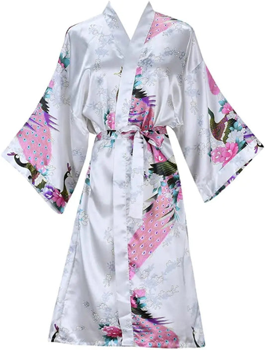 Peignoir de bain femme multicolore-fausse-soie-motif-floral-kimono-manche-trois-quarts-mi-mollet-ete-satin-printemps-blanc