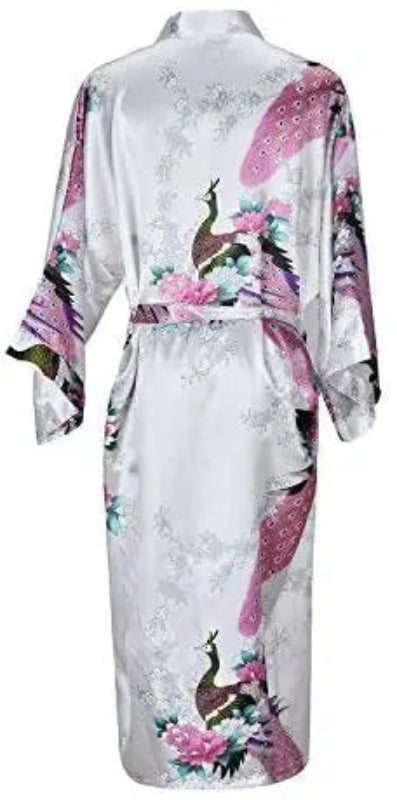 Peignoir de bain femme multicolore-fausse-soie-motif-floral-kimono-manche-trois-quarts-mi-mollet-satin-ete-printemps-blanc