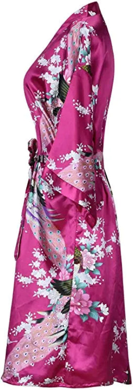 Peignoir de bain femme multicolore-fausse-soie-motif-floral-kimono-manche-trois-quarts-mi-mollet-satin-printemps-ete-blanc-rose
