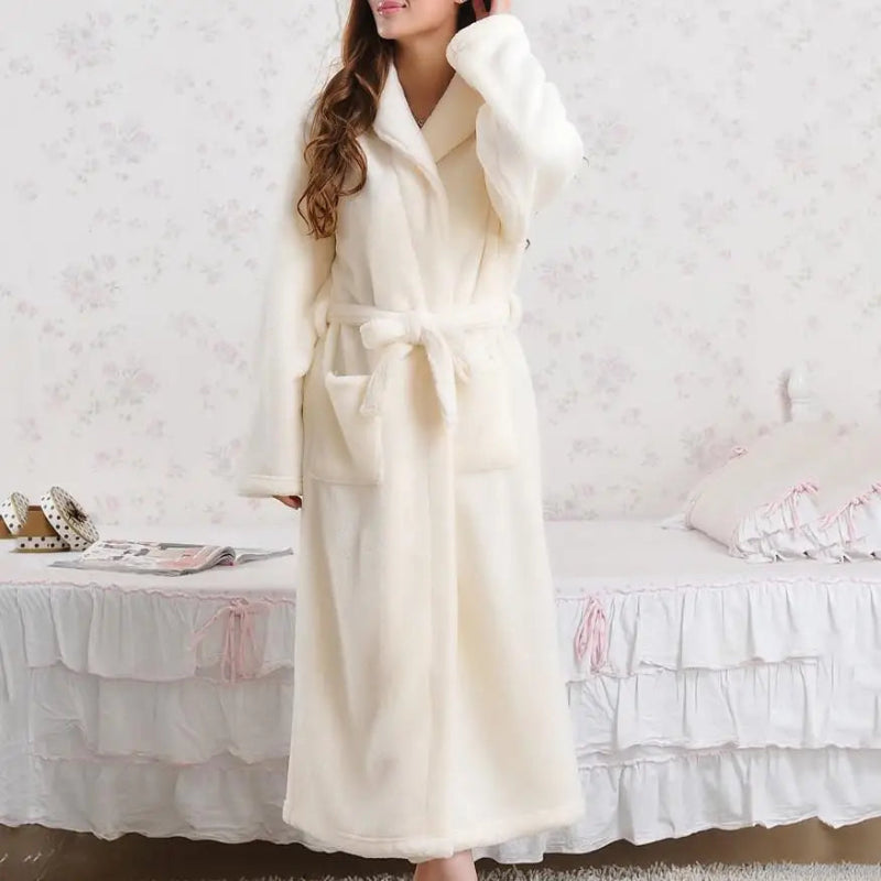 Peignoir de bain femme polaire-polyester-flanelle-manche-longue-col-chale-mi-mollet-confortable-epais-moelleux-printemps-hiver-blanc