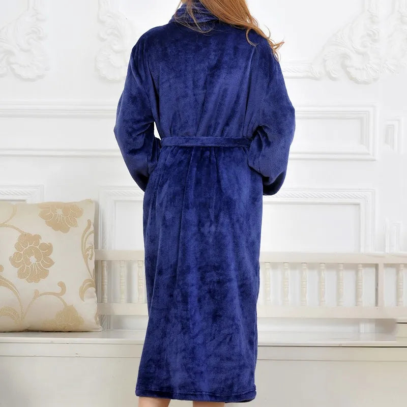 Peignoir de bain femme polaire-polyester-flanelle-manche-longue-col-chale-mi-mollet-epais-confortable-hiver-moelleux-printemps-bleu