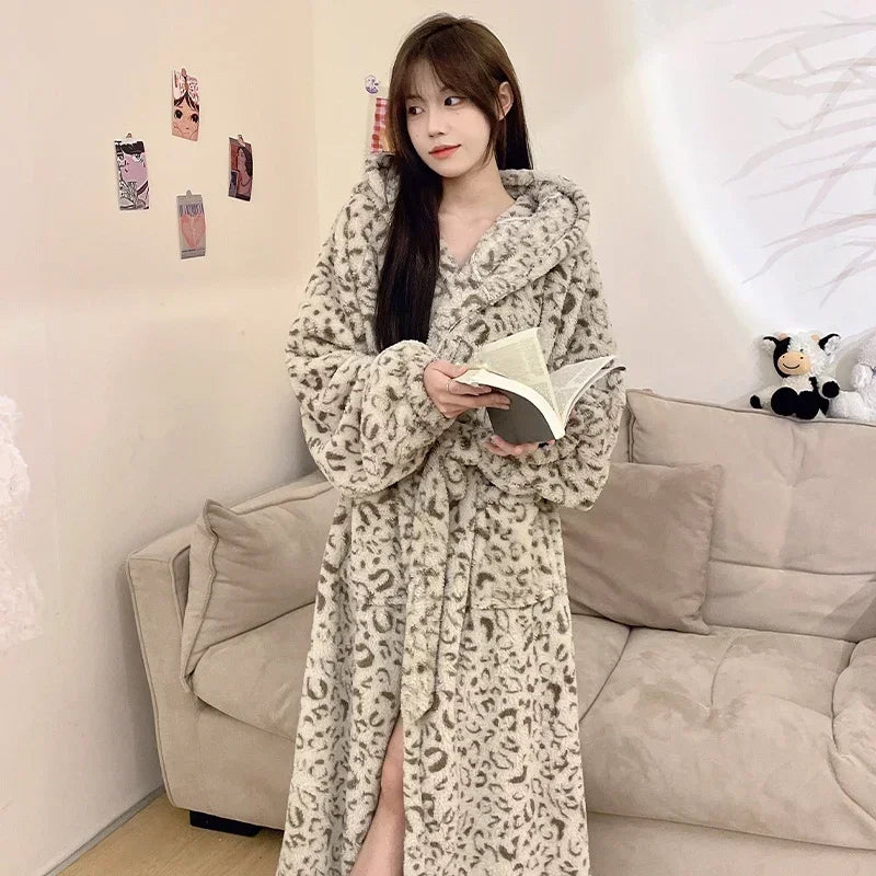 Peignoir de bain femme polaire capuche-polyester-coral-coton-capuche-manche-longue-longueur-cheville-epais-motif-animal-hiver-absorbant-capuche-moelleux-confortable-gris-beige