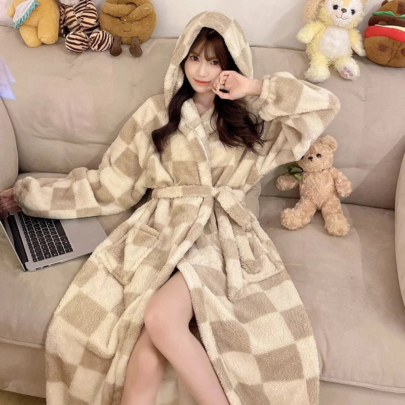Peignoir de bain femme polaire capuche-polyester-coral-coton-capuche-manche-longue-longueur-cheville-epais-motif-animal-hiver-absorbant-moelleux-confortable-capuche-beige-marron