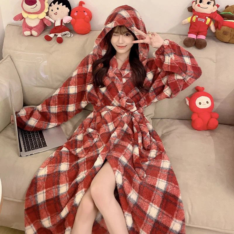 Peignoir de bain femme polaire capuche-polyester-coral-coton-capuche-manche-longue-longueur-cheville-epais-motif-animal-hiver-absorbant-moelleux-confortable-capuche-gris-bordeaux