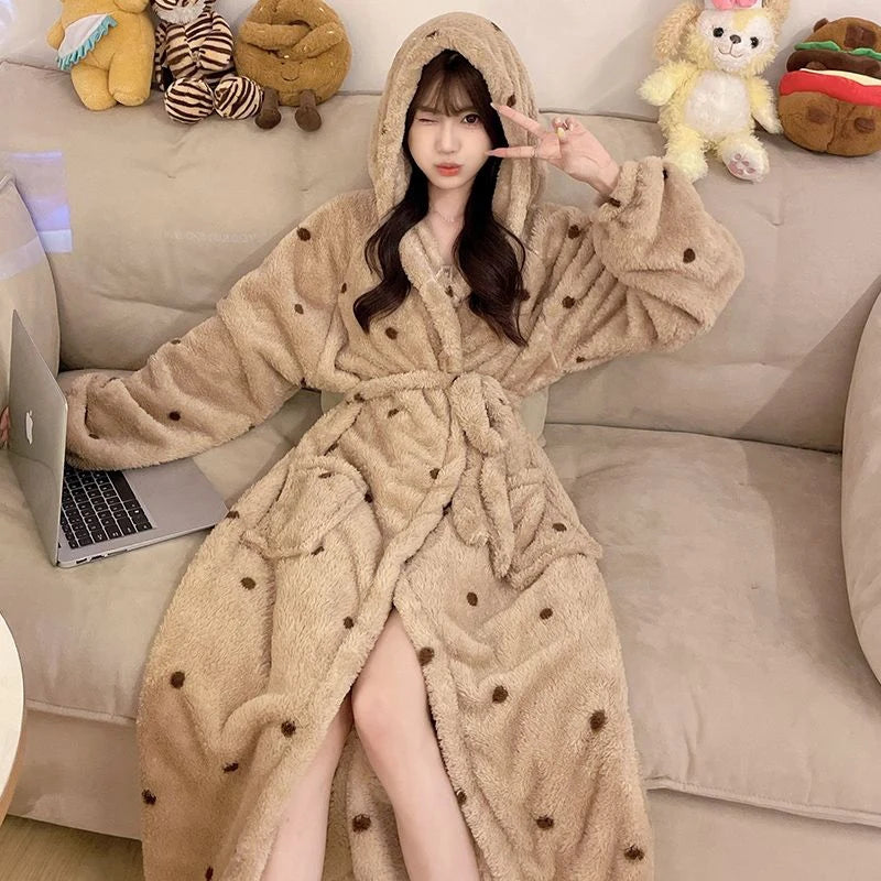 Peignoir de bain femme polaire capuche-polyester-coral-coton-capuche-manche-longue-longueur-cheville-epais-motif-animal-hiver-absorbant-moelleux-confortable-capuche-gris-marron