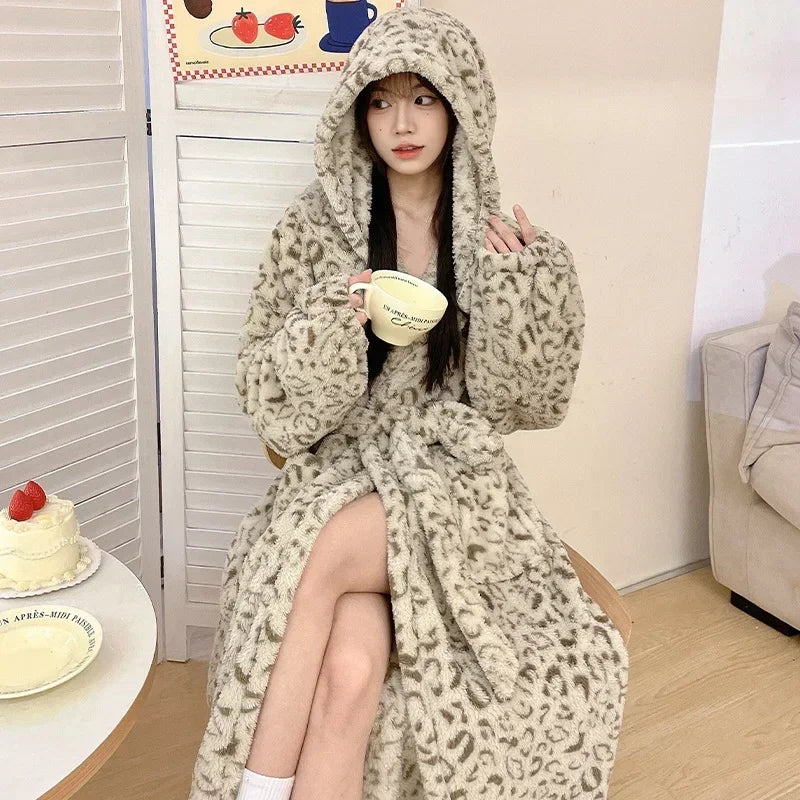 Peignoir de bain femme polaire capuche-polyester-coral-coton-capuche-manche-longue-longueur-cheville-epais-motif-animal-hiver-absorbant-moelleux-confortable-capuche-gris-noir