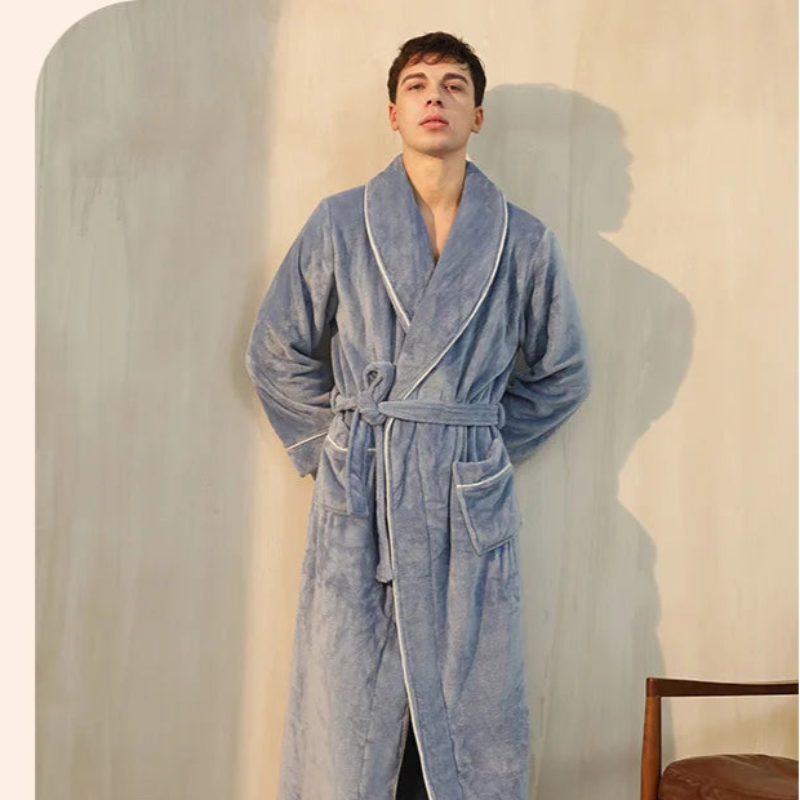 Peignoir de bain femme promotion-flanelle-polyester-col-chale-manche-longue-epais-longueur-cheville-hiver-moelleux-absorbant-confortable-gris