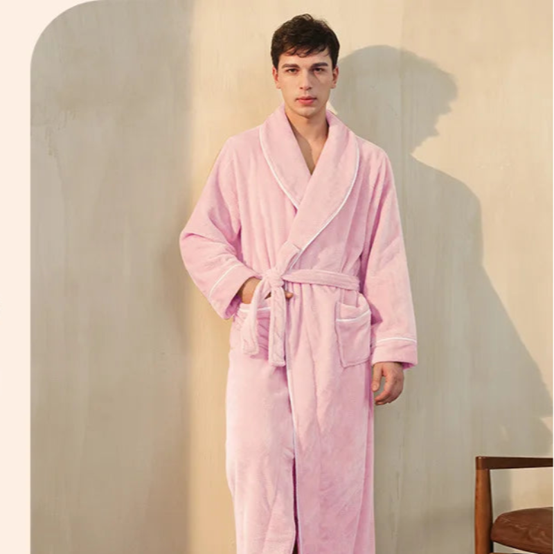 Peignoir de bain femme promotion-flanelle-polyester-col-chale-manche-longue-epais-longueur-cheville-hiver-moelleux-absorbant-confortable-rose