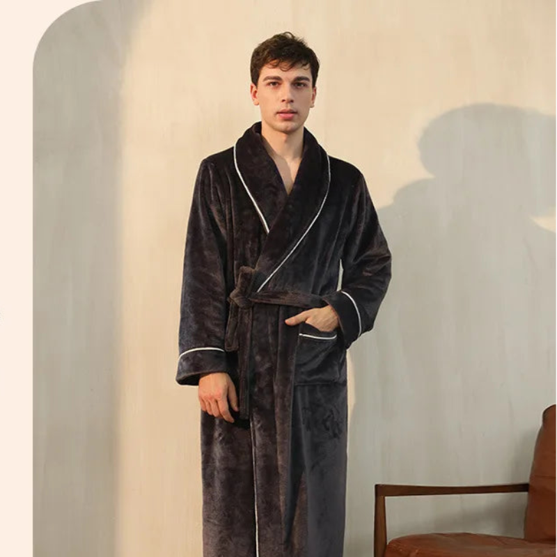 Peignoir de bain femme promotion-flanelle-polyester-col-chale-manche-longue-epais-longueur-cheville-hiver-moelleux-absorbant-confortable
