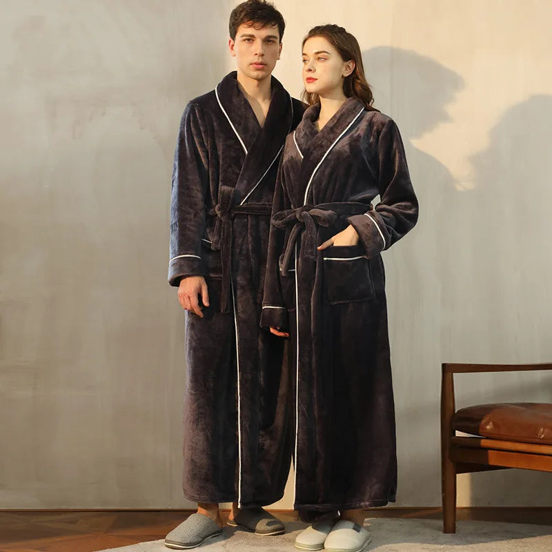 Peignoir de bain femme promotion-flanelle-polyester-col-chale-manche-longue-longueur-cheville-epais-hiver-absorbant-moelleux-confortable-gris-fonce