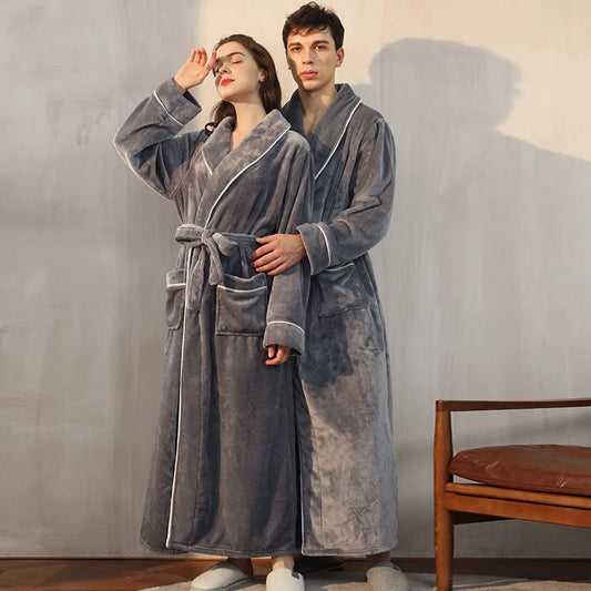 Peignoir de bain femme promotion-flanelle-polyester-col-chale-manche-longue-longueur-cheville-epais-hiver-absorbant-moelleux-confortable-gris